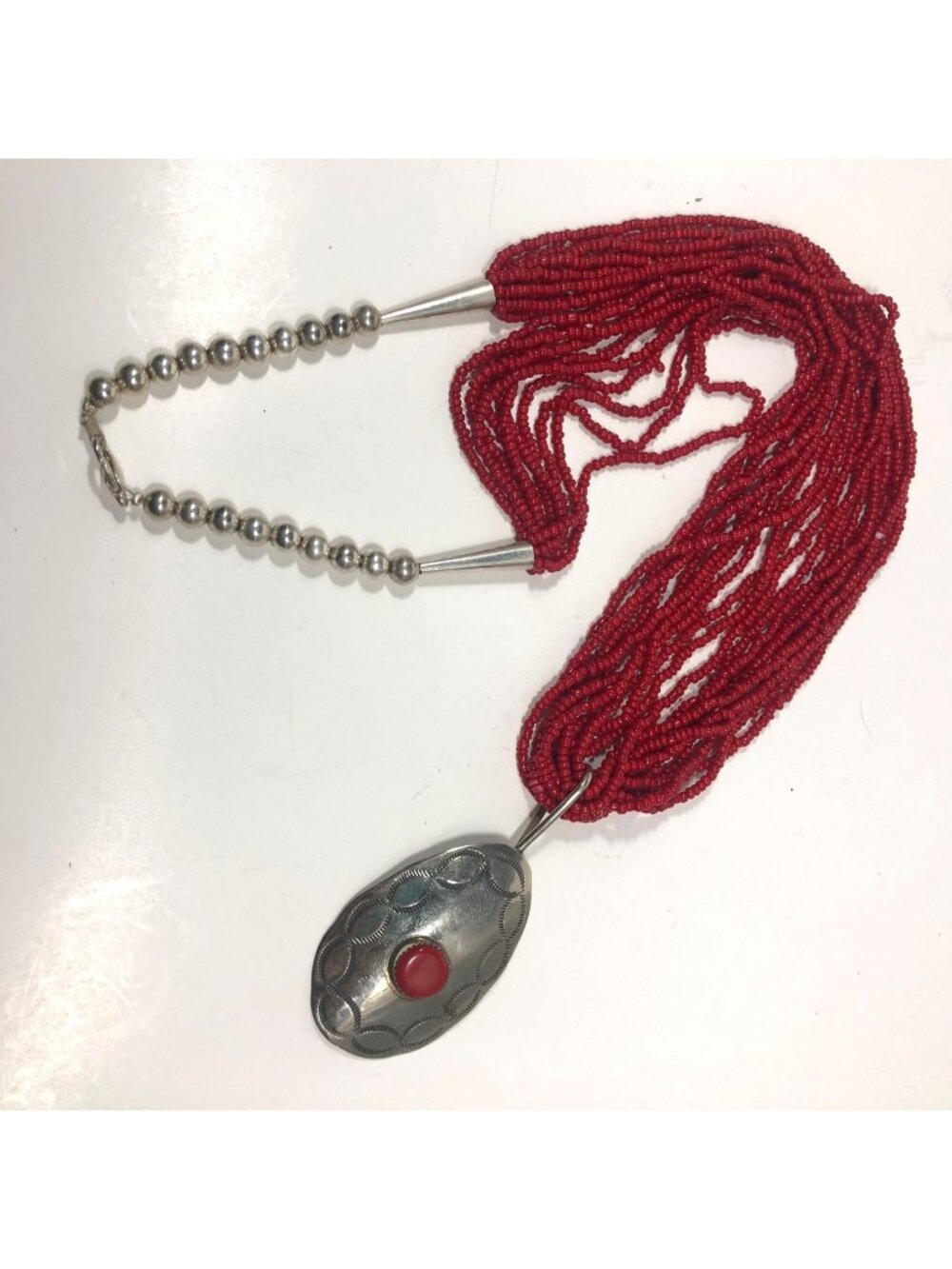 Artisian Red Seed Bead Necklace Boho Statement Silver Tone Pendant Southwestern